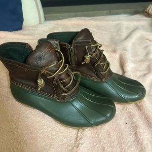 SOLD Sperry Top Sider Saltwater Leather Duck Rain Boots Zip Tan Green Women